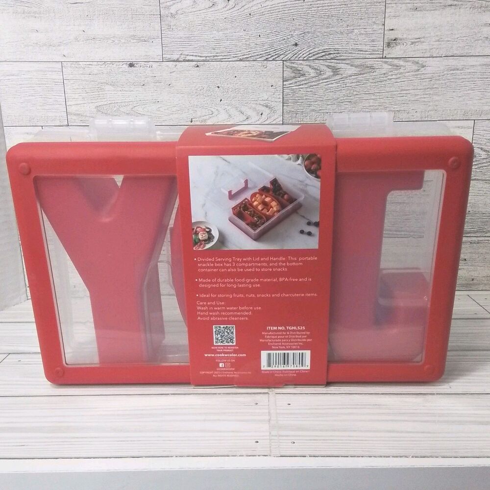 CWC Perfect On-The-Go Snack Box 3-Compartment BPA-Free Handle Lid Red/Clear - Picture 2 of 3